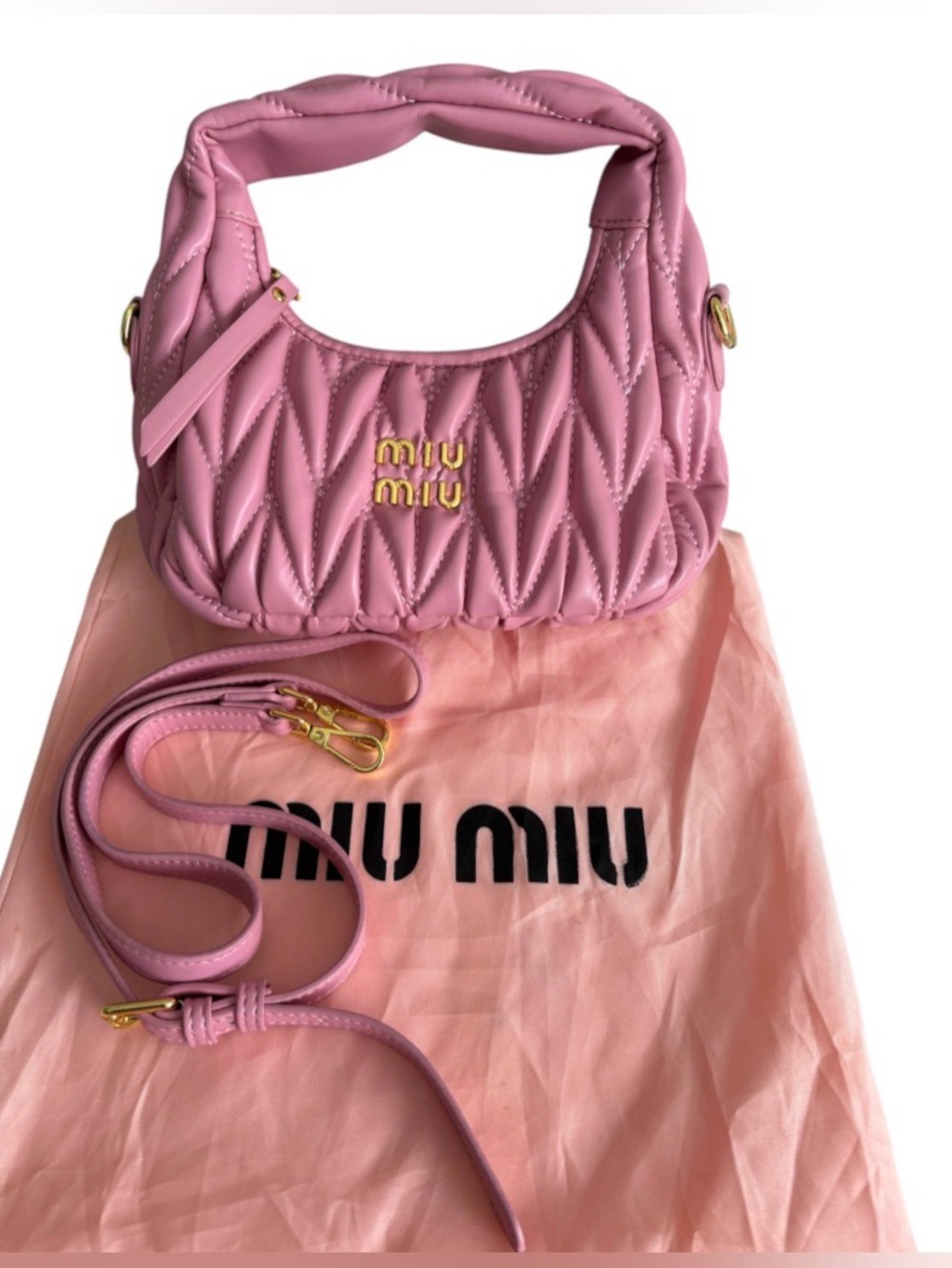 Miu Miu Pink Small Quilted Zip Shoulder Bag Gold Hardware Detachable Strap